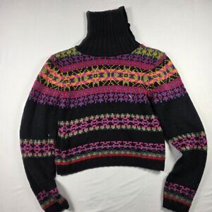 Sweater Project Black Multi Color Fair Isle Turtleneck Cropped Sweater Medium